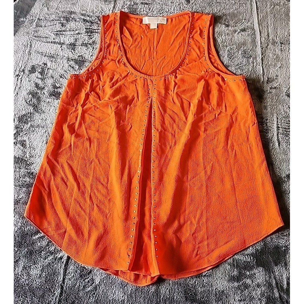 Michael‎ Kors Women's Bright Orange/Gold Studded Scoop Neck Slit Tank Top Size S